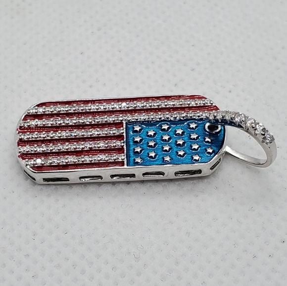 Sterling Silver 925 Rhodium Plated CZ American Flag Dog Tag Pendant - Picture 3 of 7